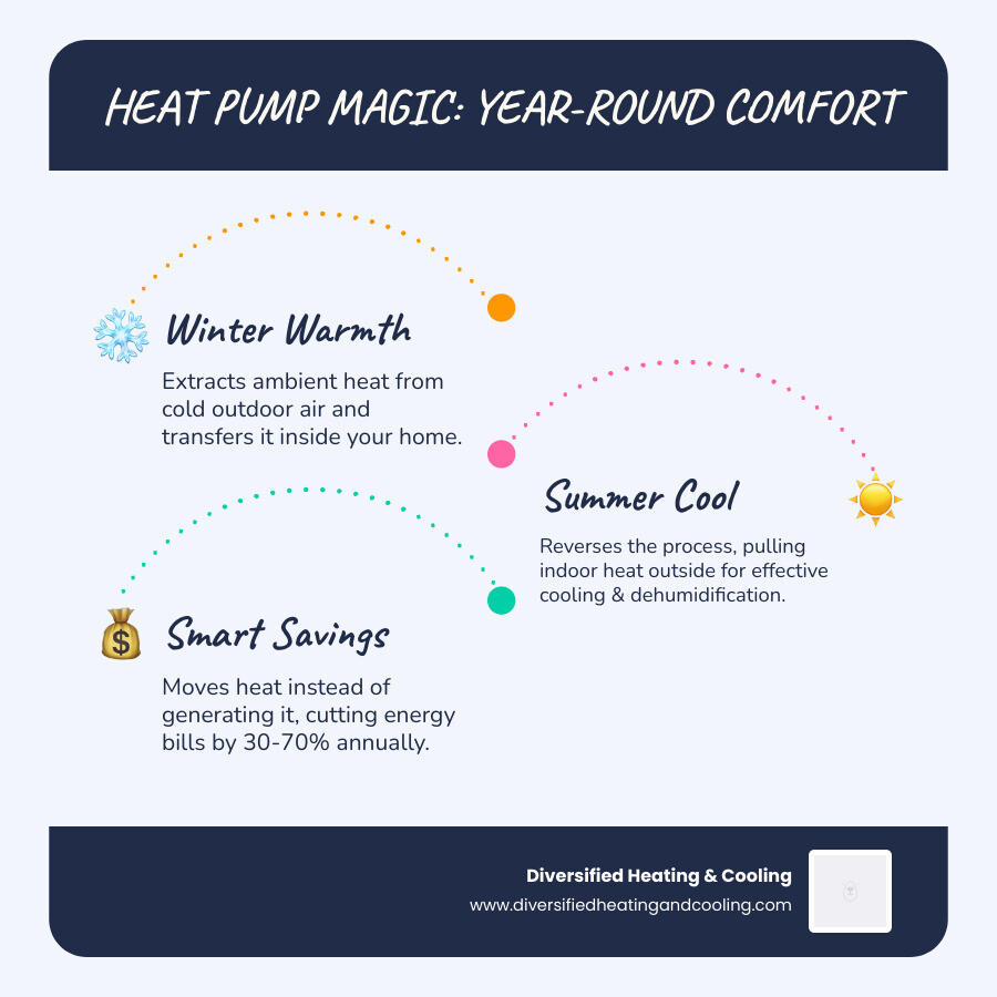 Infographic showing how heat pumps provide heating in winter by extracting warmth from outdoor air and moving it inside, and cooling in summer by reversing the process to move heat outdoors, with arrows indicating heat transfer direction and simple illustrations of a home in both seasons - best heat pump company in big bear city ca infographic infographic-line-3-steps-blues-accent_colors