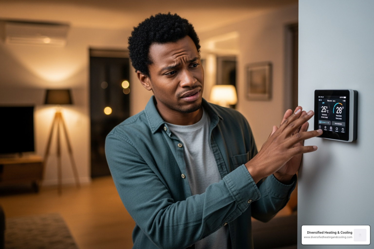 homeowner looking quizzically at a thermostat - certified heating technician in pioneertown ca homeowner looking quizzically at a thermostat - certified heating technician in pioneertown ca