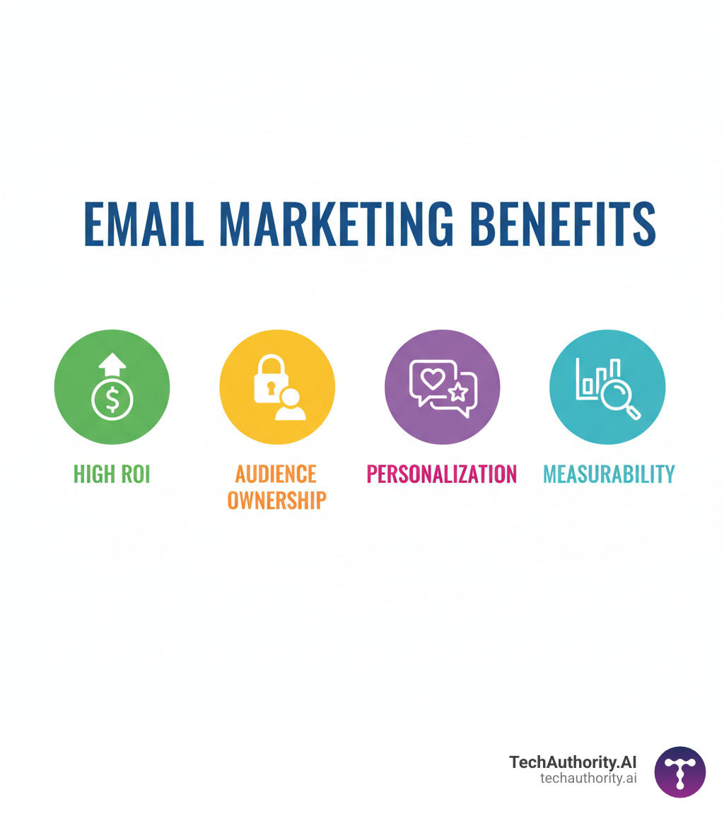 Infographic showing key benefits of email marketing including high ROI, audience ownership, personalization, and measurability - email campaigns infographic 
