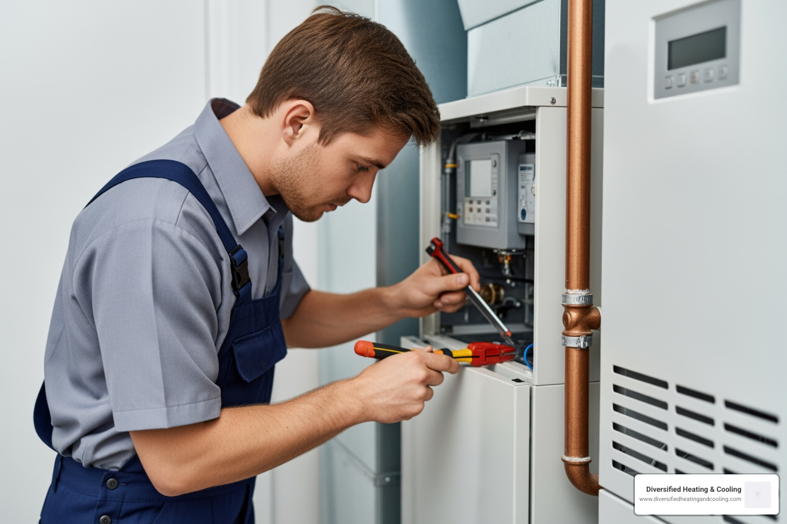 technician servicing a modern furnace unit - certified heating technician in pioneertown ca technician servicing a modern furnace unit - certified heating technician in pioneertown ca