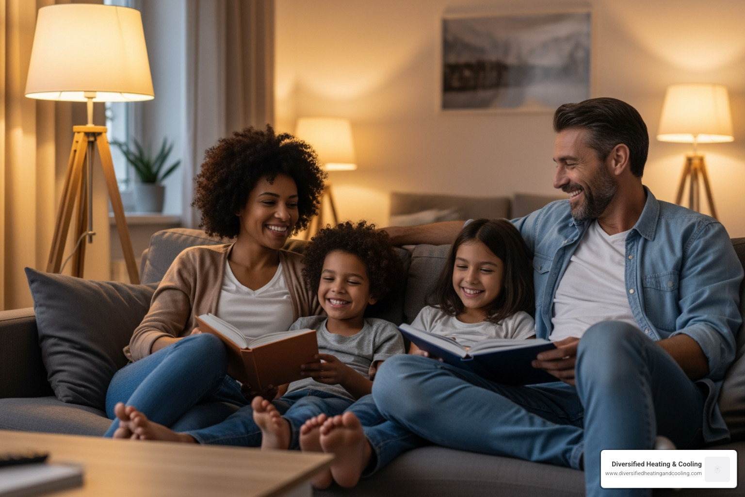 Happy family relaxing in their comfortable, well-lit living room at night - 24 hour heat pump service in rancho mirage ca
