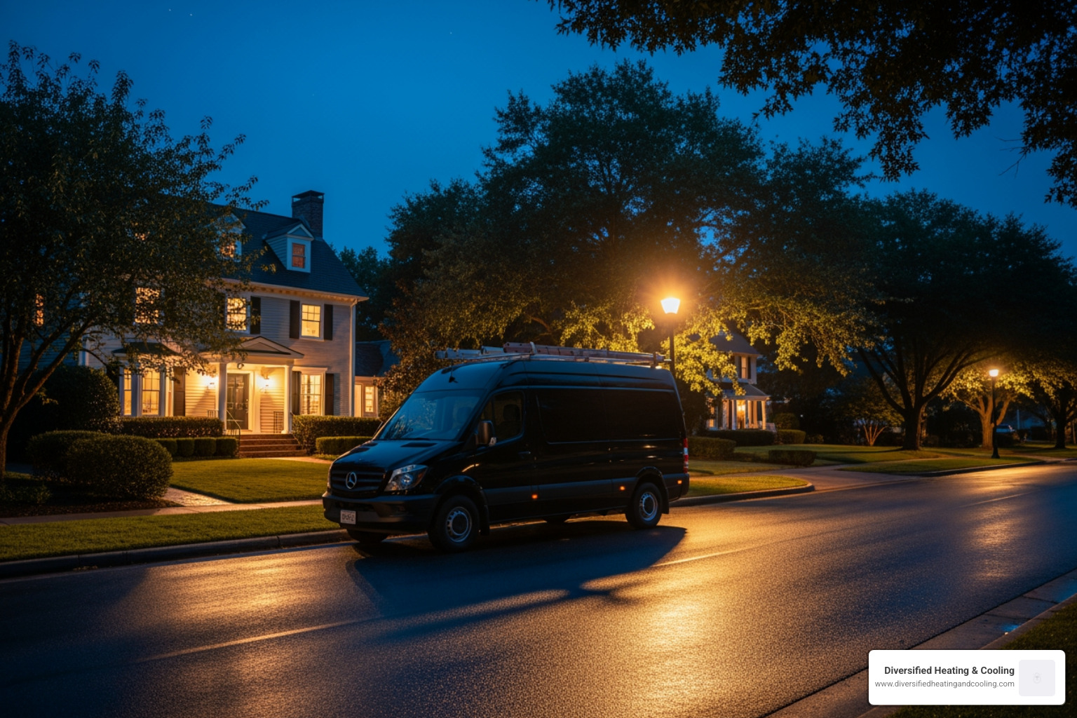 Service van at night in a residential neighborhood - 24 hour heat pump service in rancho mirage ca