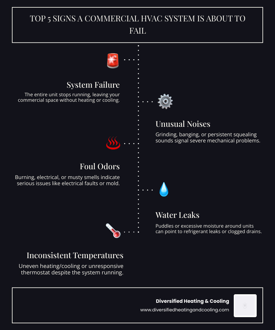 Infographic detailing the top 5 signs a commercial HVAC system is about to fail, including system failure, unusual noises, foul odors, water leaks, and inconsistent temperatures - emergency commercial hvac repair in cathedral city ca infographic infographic-line-5-steps-dark