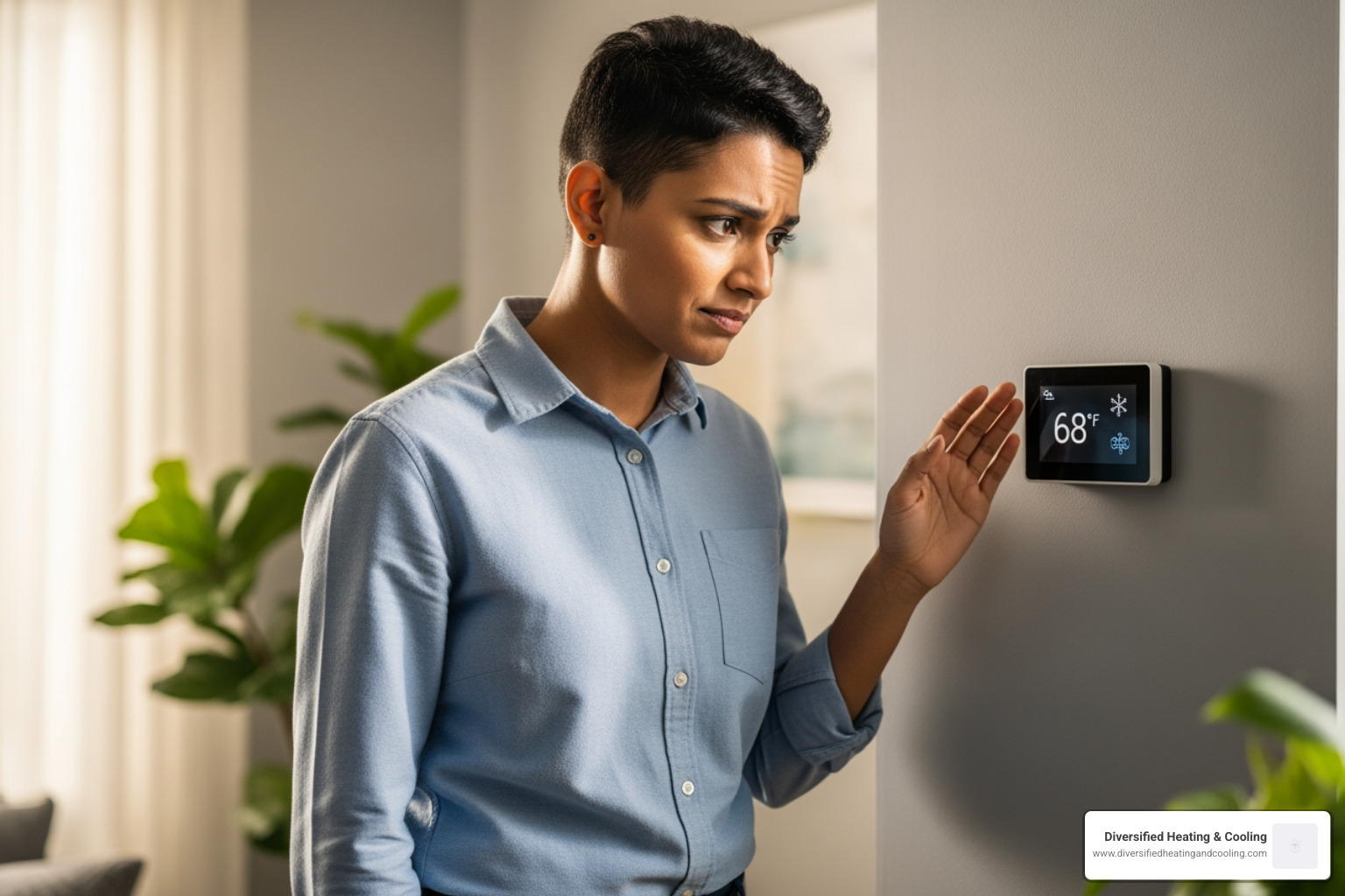 homeowner looking concerned at a thermostat - best heating company in pioneertown ca