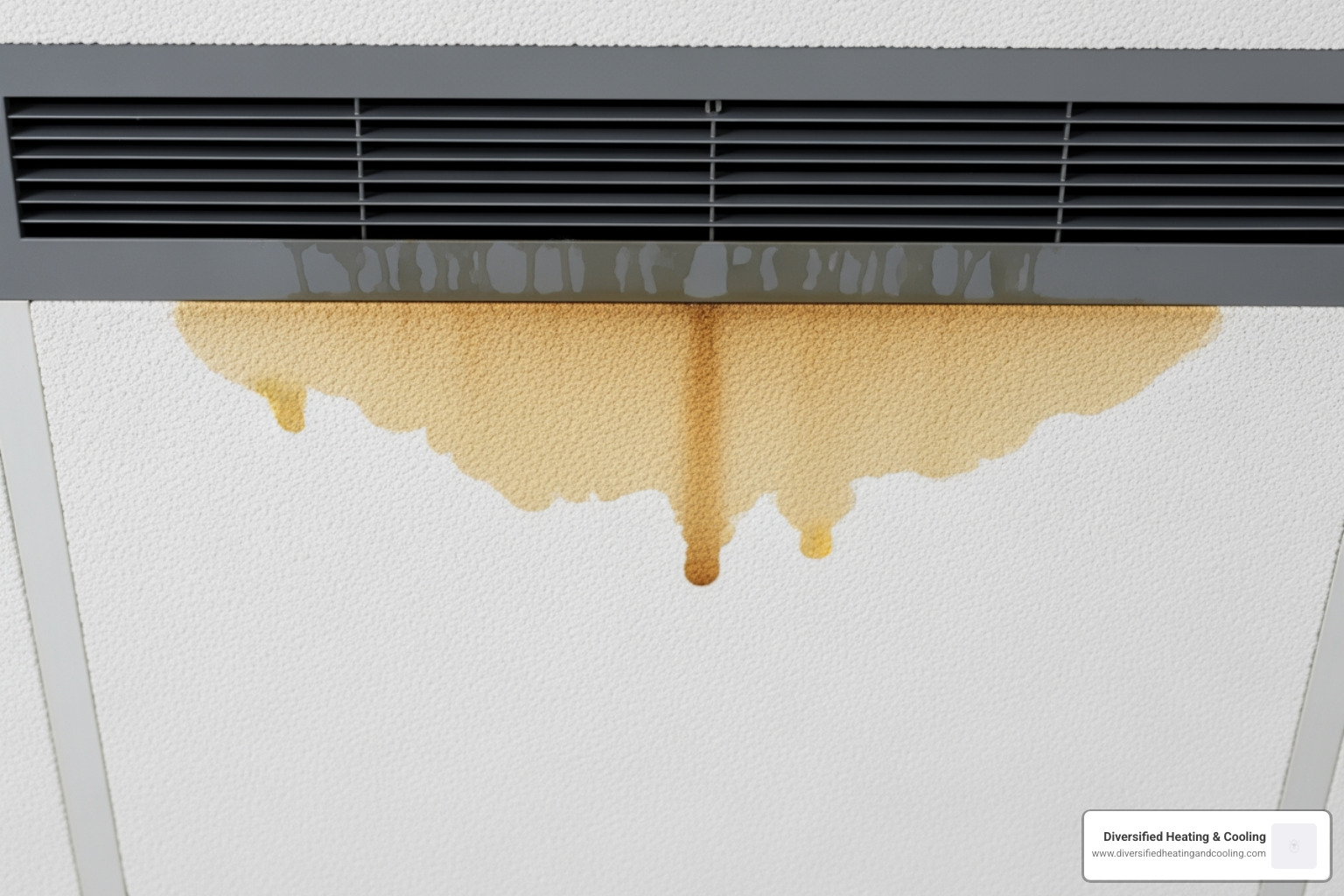 A water leak stain visibly spreading on a ceiling tile below an air vent in a commercial building - emergency commercial hvac repair in cathedral city ca