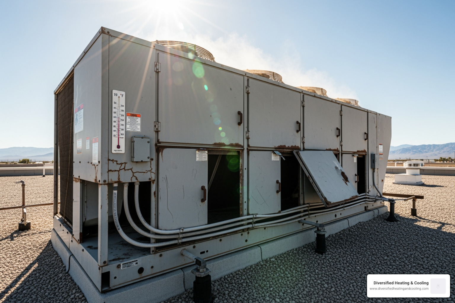 A large rooftop commercial HVAC unit under the intense desert sun, highlighting the strain of the climate - emergency commercial hvac repair in cathedral city ca