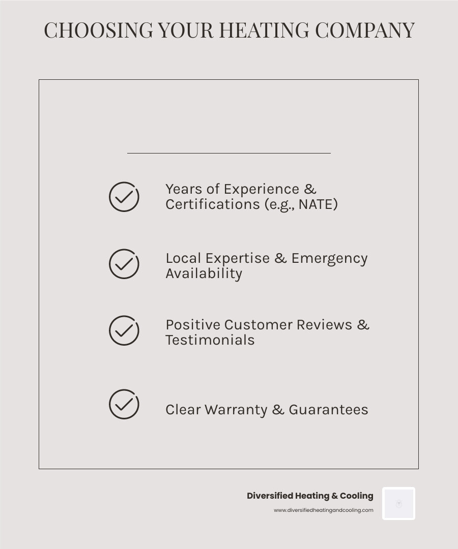 infographic showing key factors when choosing a heating company: years of experience, proper licensing and certifications, local service area knowledge, emergency availability, customer reviews and testimonials, warranty coverage - best heating company in pioneertown ca infographic checklist-light-beige