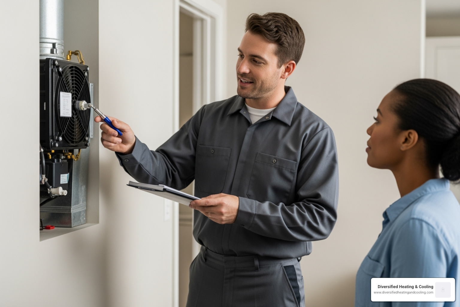 technician explaining system to homeowner - best heating company in pioneertown ca