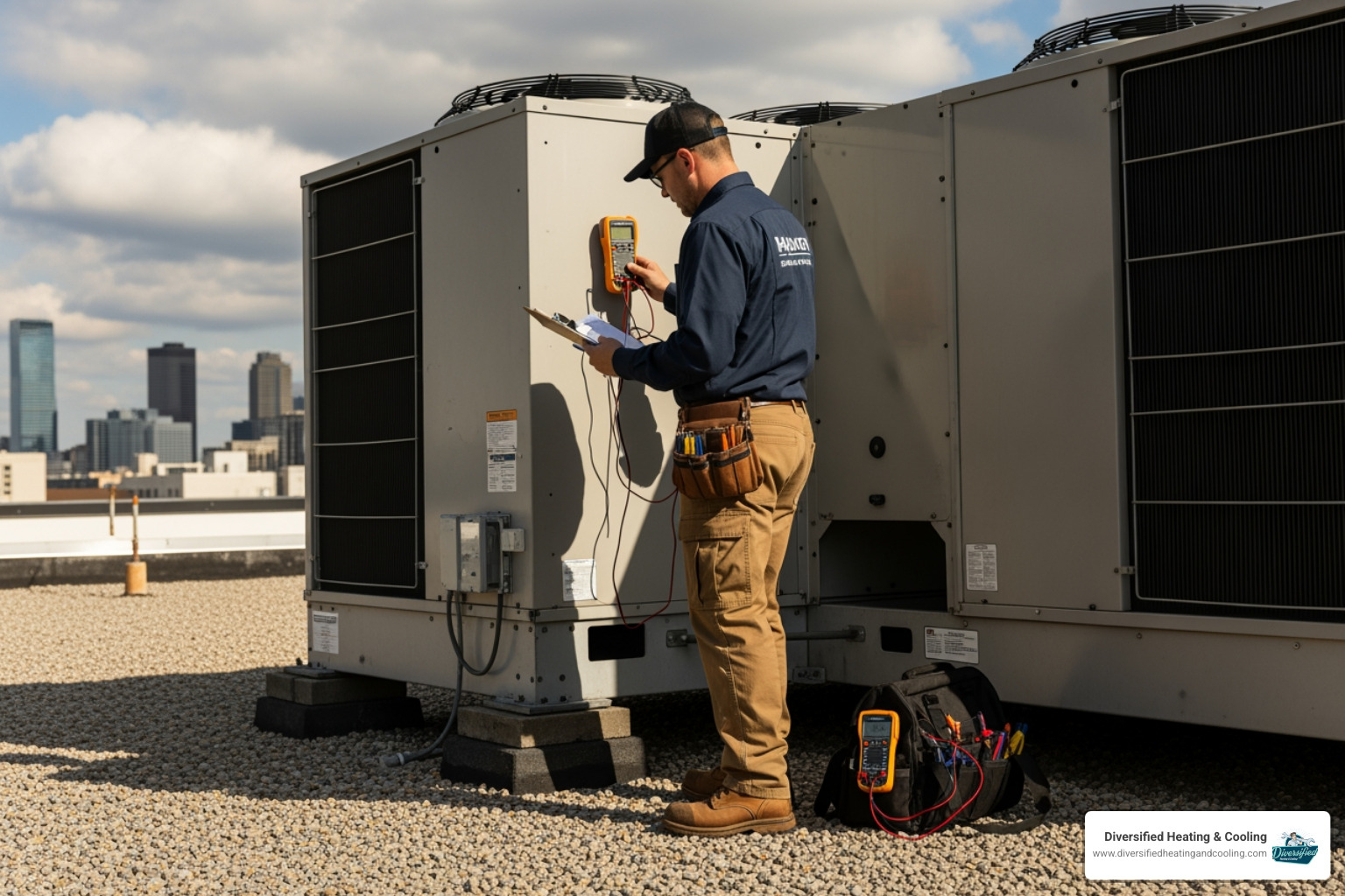 technician inspecting a rooftop commercial HVAC unit - affordable commercial hvac repair in cathedral city ca
