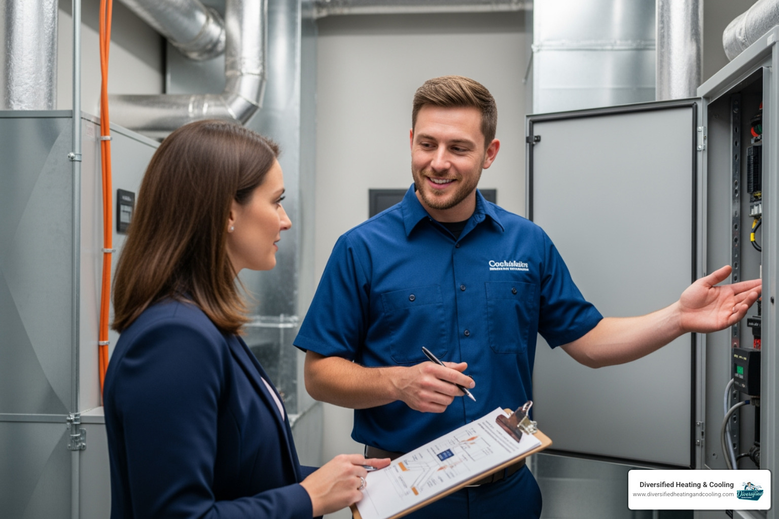 friendly technician talking with a business owner - affordable commercial hvac repair in cathedral city ca