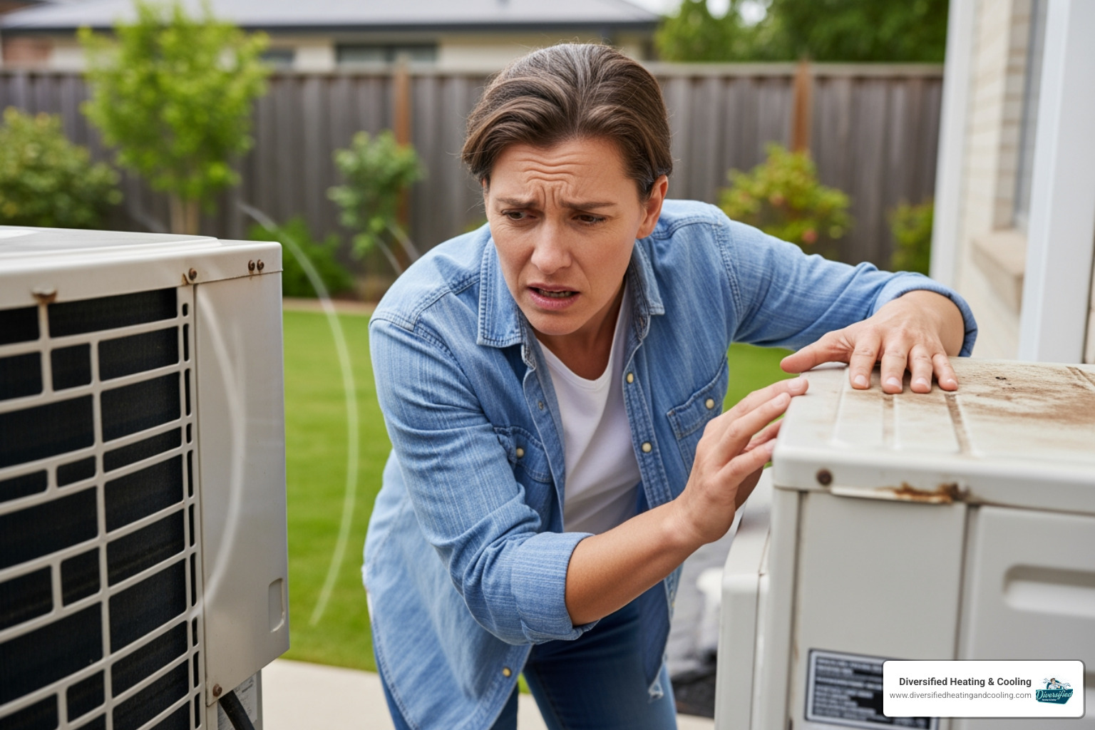 homeowner looking concerned at an old, noisy heat pump unit - heat pump replacement in big bear city ca