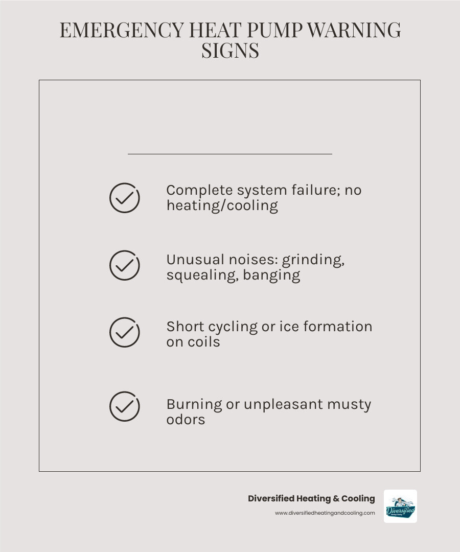 Infographic showing emergency heat pump warning signs including no heating or cooling, unusual noises like grinding or squealing, short cycling on and off, ice formation on coils, burning or musty odors, and complete system failure, with recommended action steps of checking thermostat settings, inspecting air filter, verifying circuit breaker, and calling 24/7 emergency service if issues persist - 24/7 heat pump repair in thousand palms ca infographic checklist-light-beige