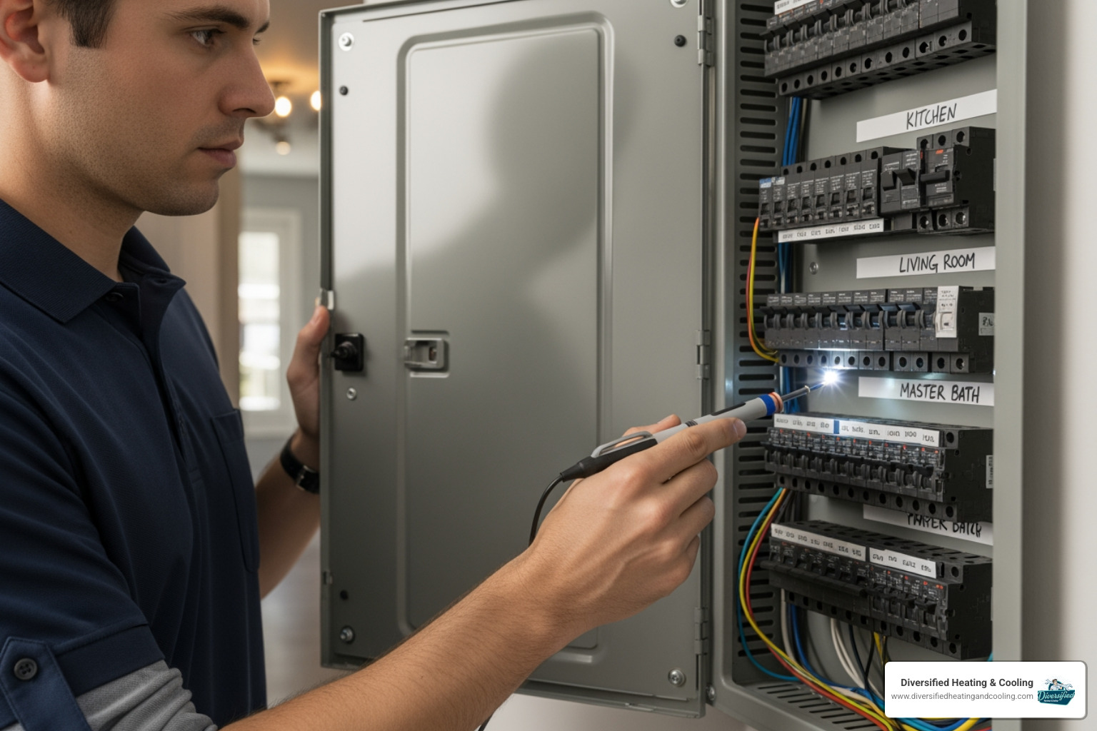 person checking circuit breaker - 24/7 heat pump repair in thousand palms ca