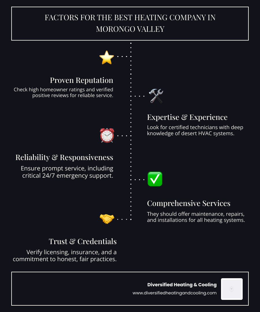 Infographic detailing factors that make a heating company stand out as the best in Morongo Valley, CA, including customer service, expertise, reliability, and verified positive reviews. - best heating company in morongo valley ca infographic infographic-line-5-steps-dark