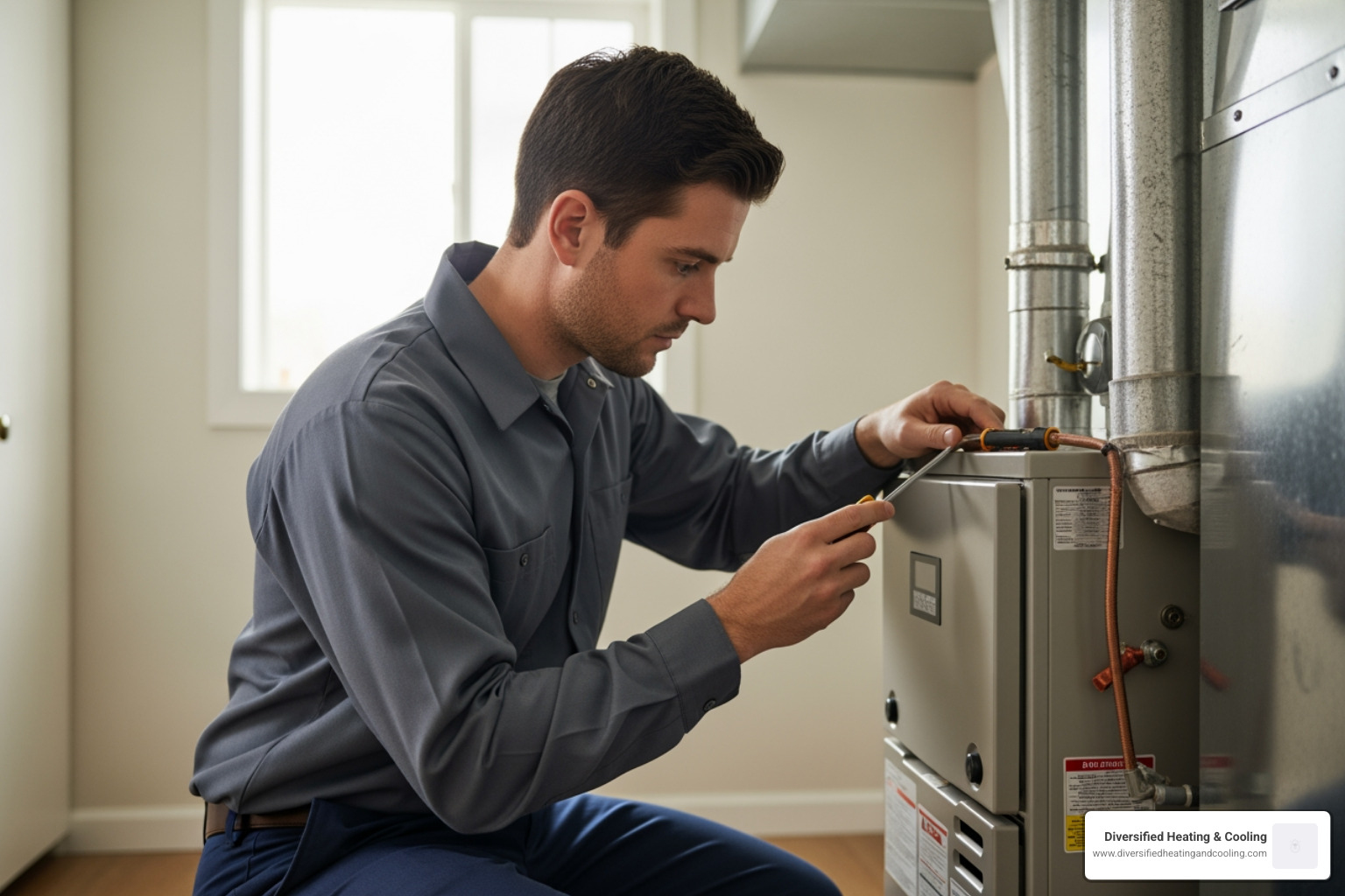 technician inspecting a furnace in a residential setting - best heating company in morongo valley ca