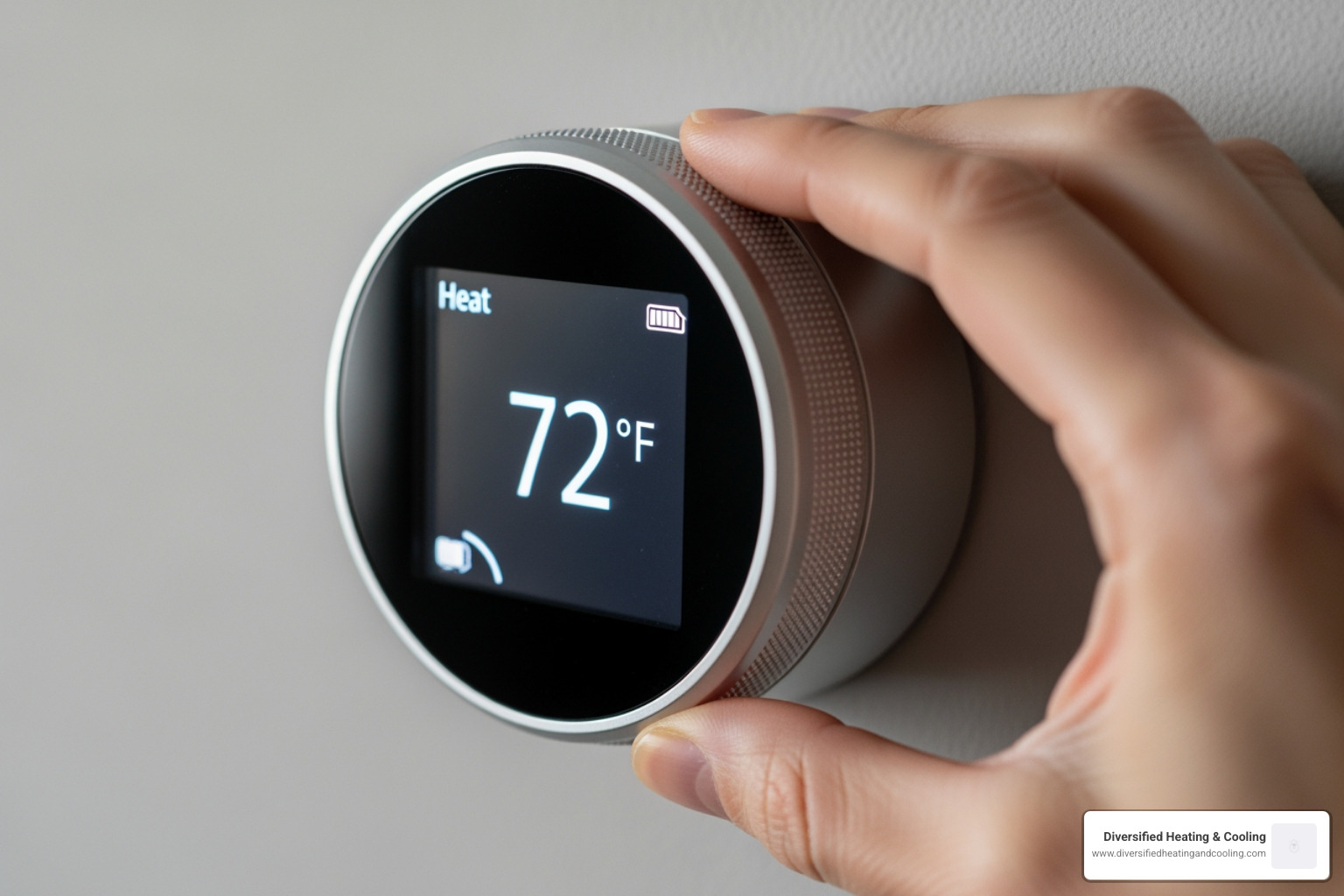 A hand adjusting a modern digital thermostat displaying the "Heat" setting and a comfortable indoor temperature. - heat pump blowing cold air in palm springs ca