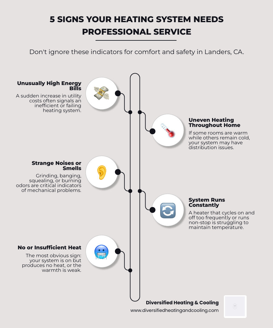 Infographic explaining 5 signs your heating system needs professional service - reliable heating company in landers ca infographic infographic-line-5-steps-elegant_beige