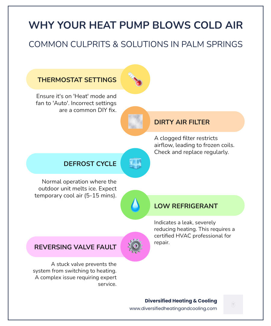 infographic showing common causes of heat pump blowing cold air with icons for thermostat settings, dirty filters, defrost cycle, low refrigerant, reversing valve issues, and blocked outdoor units, along with which are DIY fixes versus professional repairs - heat pump blowing cold air in palm springs ca infographic infographic-line-5-steps-colors