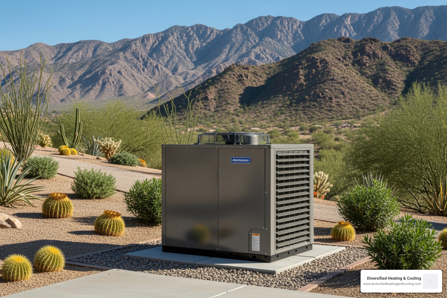 An outdoor heat pump unit situated in a well-maintained desert landscape with mountains in the background, under a clear blue sky. - heat pump blowing cold air in palm springs ca