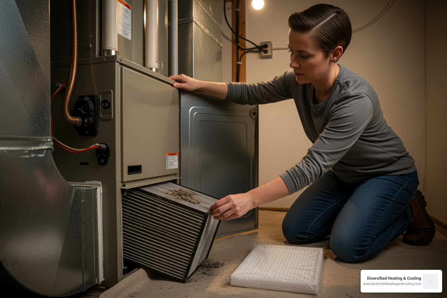 A homeowner kneeling to inspect and replace a dirty air filter in their HVAC system. - heat pump blowing cold air in palm springs ca