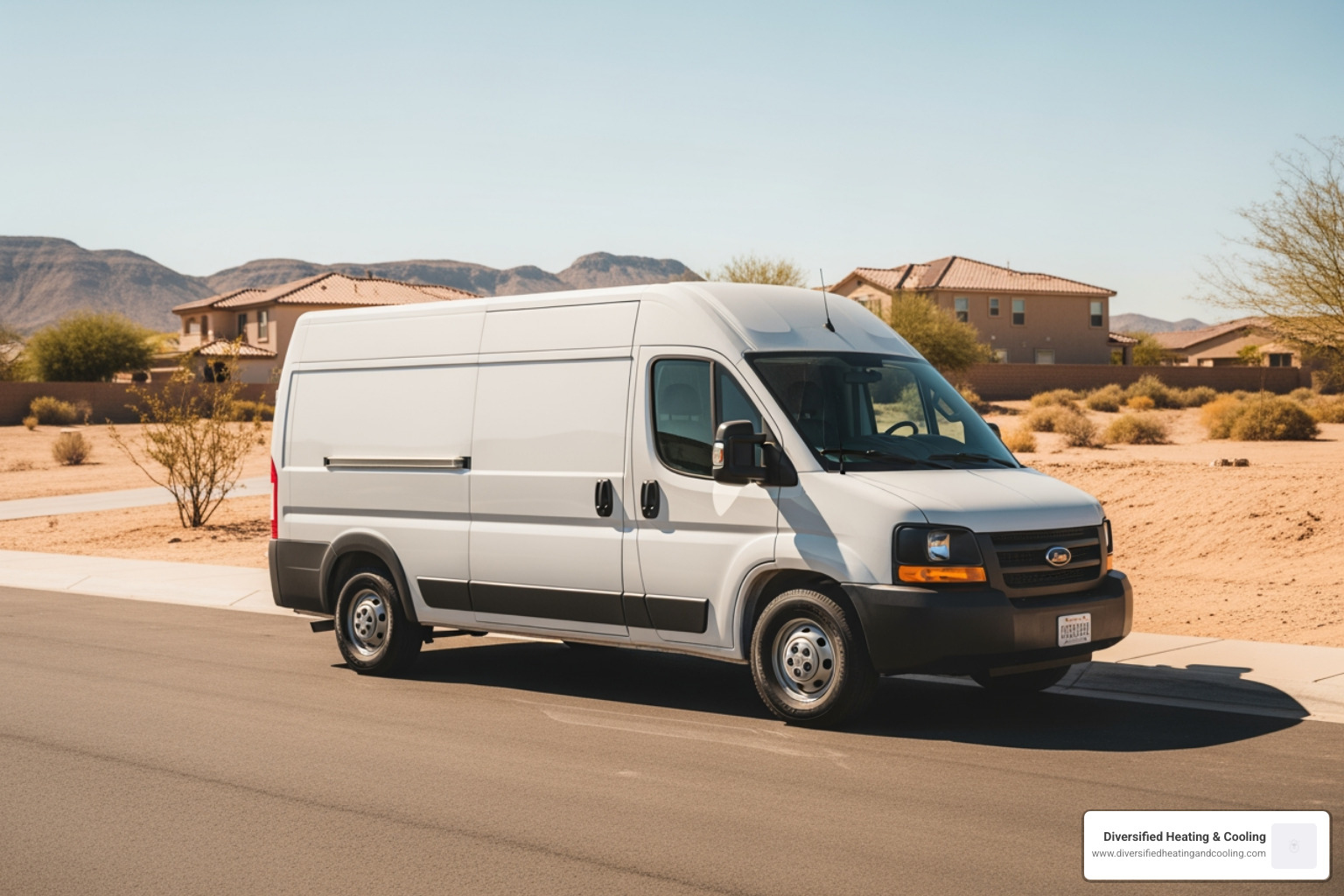 Image of a service van with local branding in a desert community setting - reliable heating company in landers ca