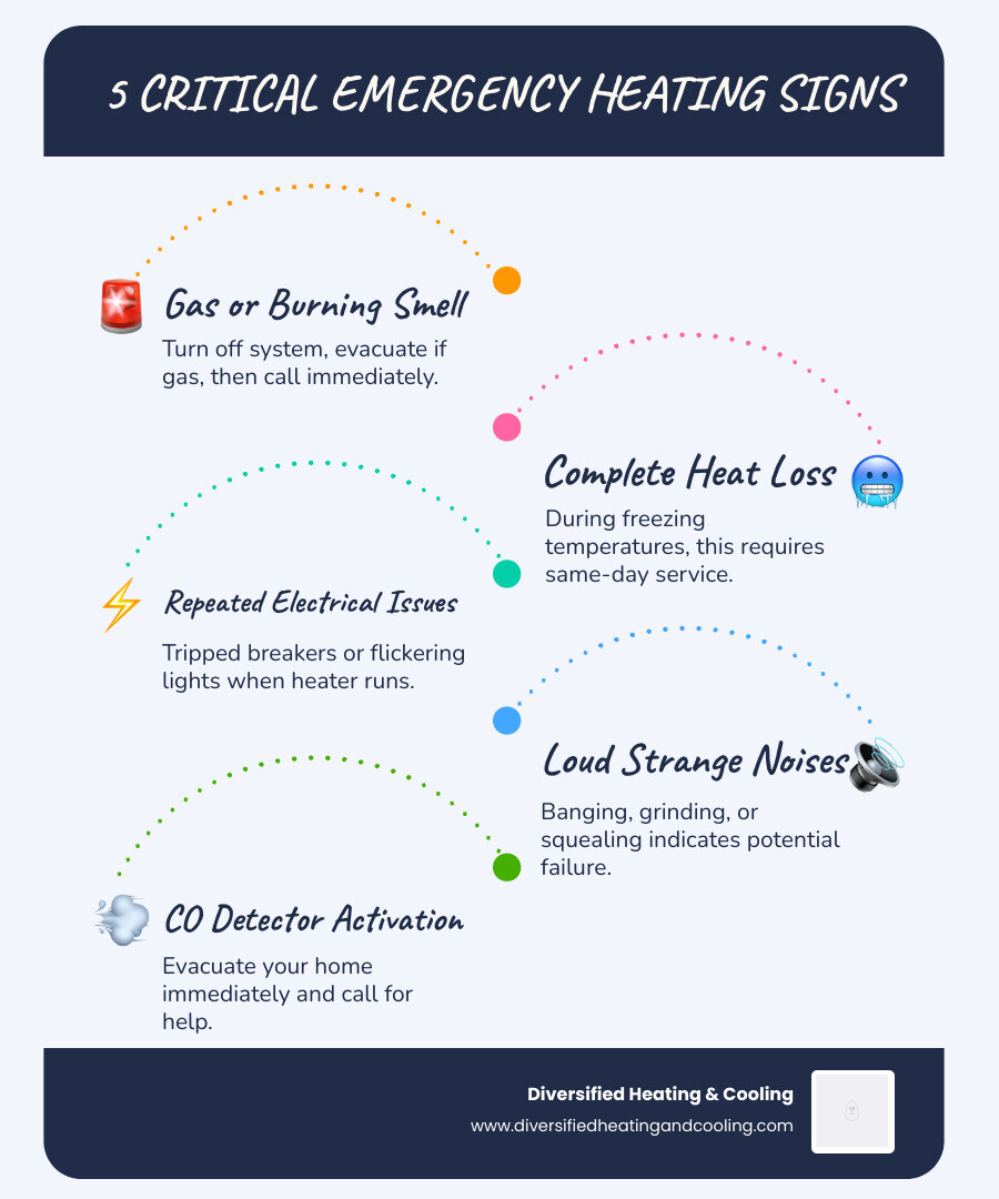 Infographic showing 5 critical warning signs requiring immediate heating repair: gas odor with red alert icon, complete heating failure with thermometer, electrical problems with lightning bolt, strange mechanical noises with sound waves, and carbon monoxide alarm with detector symbol - 24/7 heating repair in pioneertown ca infographic infographic-line-5-steps-blues-accent_colors Infographic showing 5 critical warning signs requiring immediate heating repair: gas odor with red alert icon, complete heating failure with thermometer, electrical problems with lightning bolt, strange mechanical noises with sound waves, and carbon monoxide alarm with detector symbol - 24/7 heating repair in pioneertown ca infographic infographic-line-5-steps-blues-accent_colors