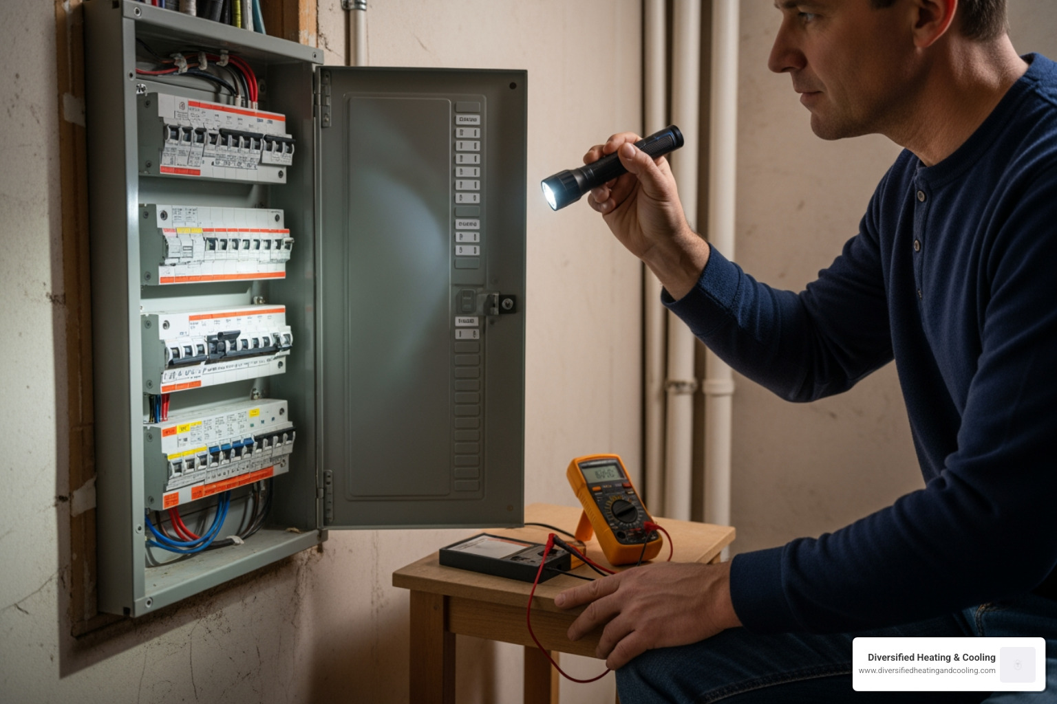 Homeowner safely checking circuit breaker panel - 24/7 heating repair in pioneertown ca Homeowner safely checking circuit breaker panel - 24/7 heating repair in pioneertown ca