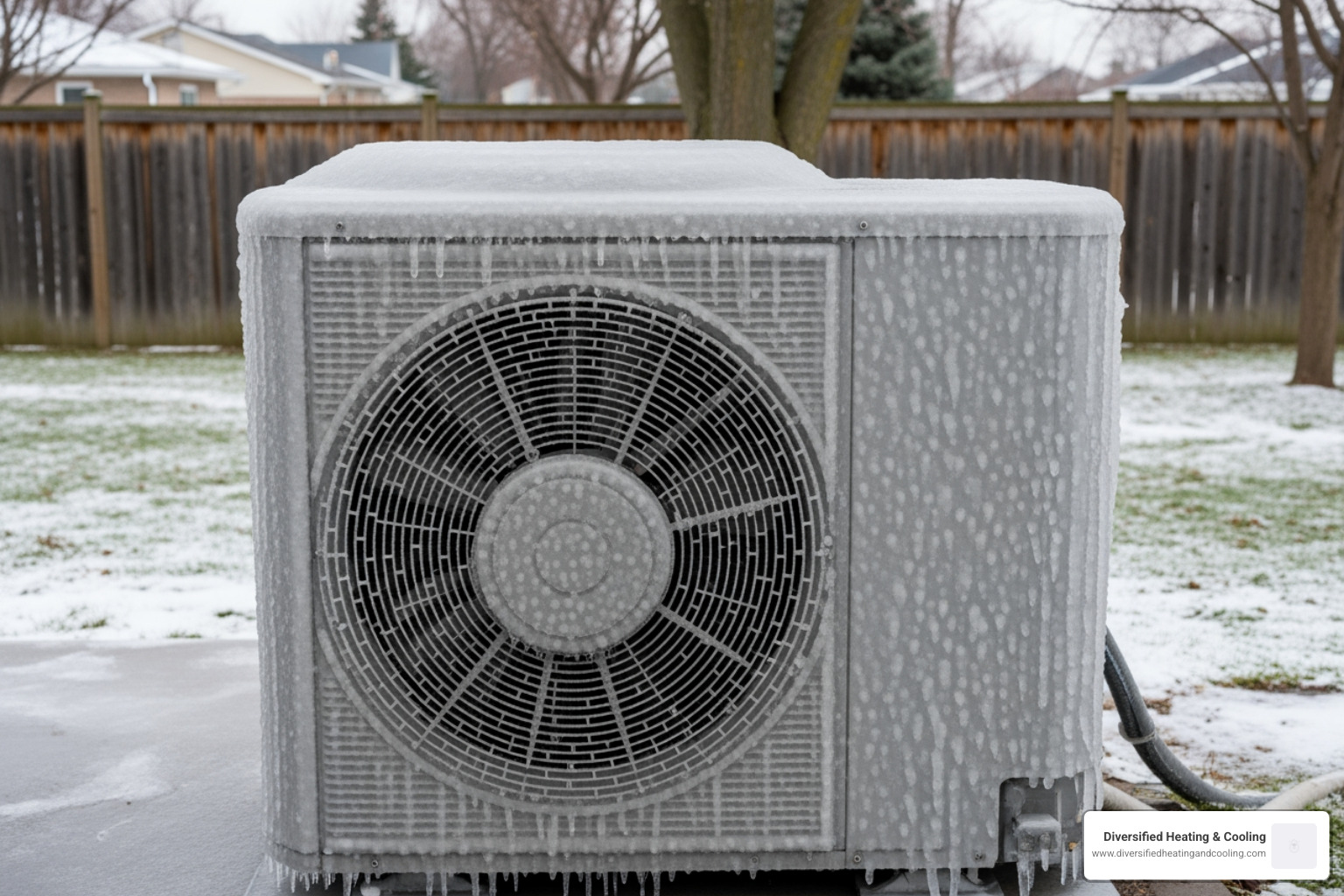 Outdoor heat pump unit with ice on it - heating blowing cold air in yucca valley ca