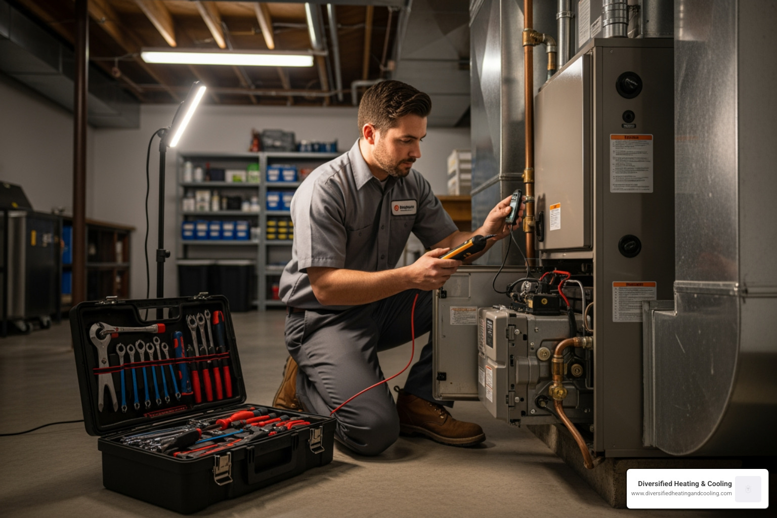 Professional technician servicing a furnace - heating blowing cold air in yucca valley ca