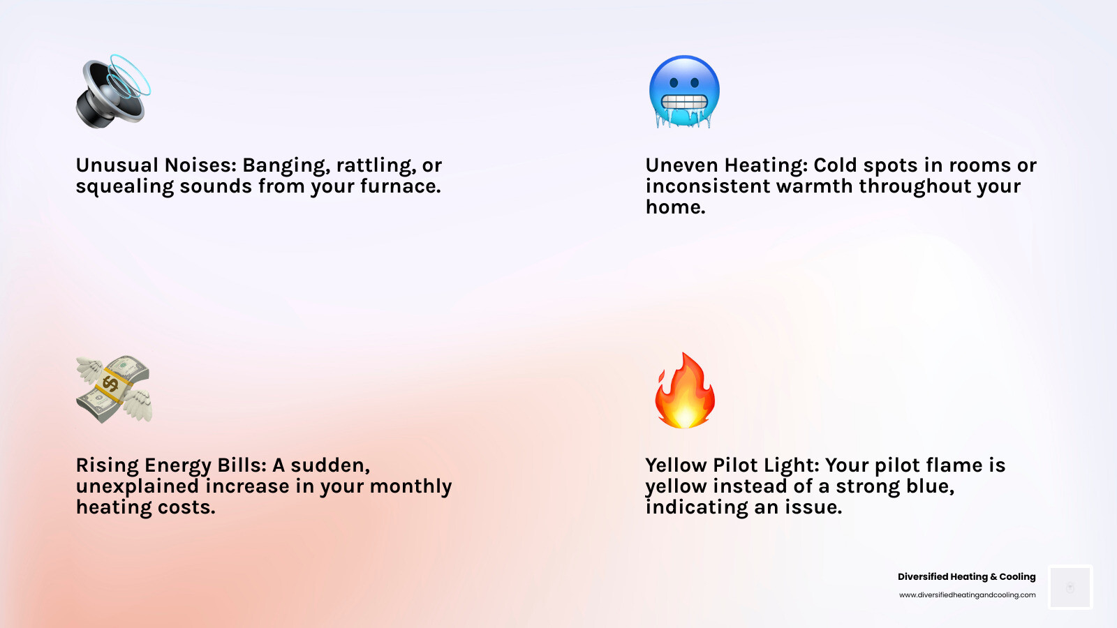 Infographic detailing common signs of a furnace needing repair, such as strange noises, uneven heating, high energy bills, and yellow pilot light - affordable heating repair in pioneertown ca infographic 4_facts_emoji_light-gradient