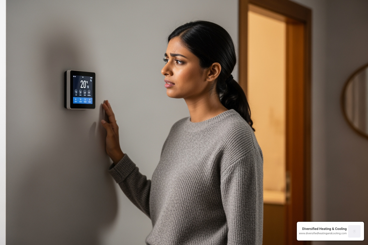 Homeowner looking concerned at their thermostat - affordable heating repair in pioneertown ca