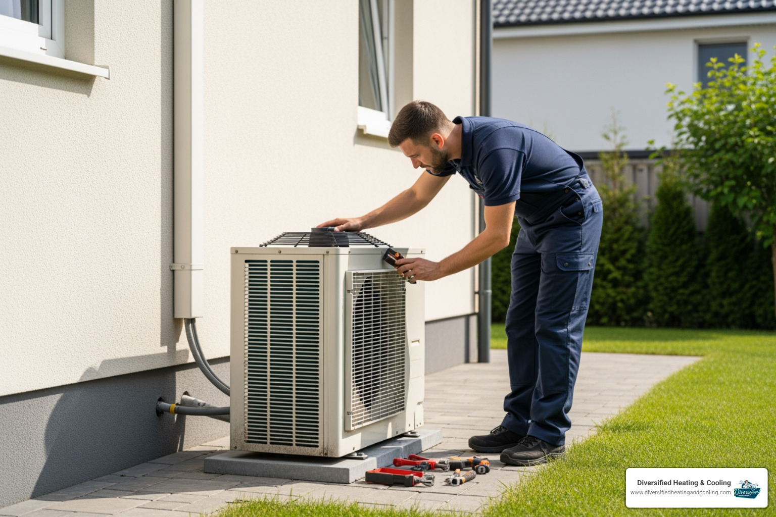 Technician inspecting an older heat pump unit - affordable heat pump repair in la quinta ca
