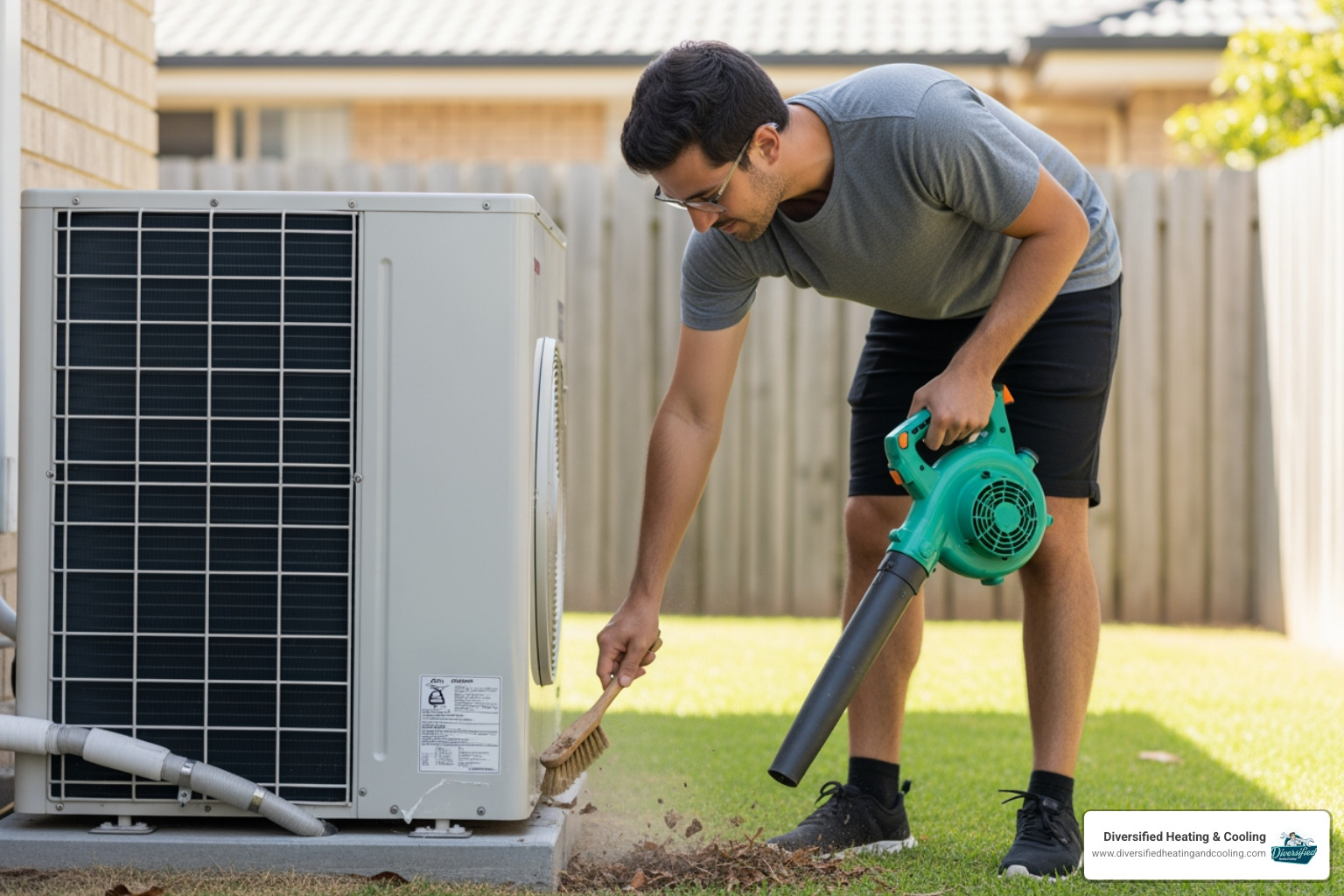 Homeowner cleaning debris from around their outdoor heat pump unit - affordable heat pump repair in la quinta ca