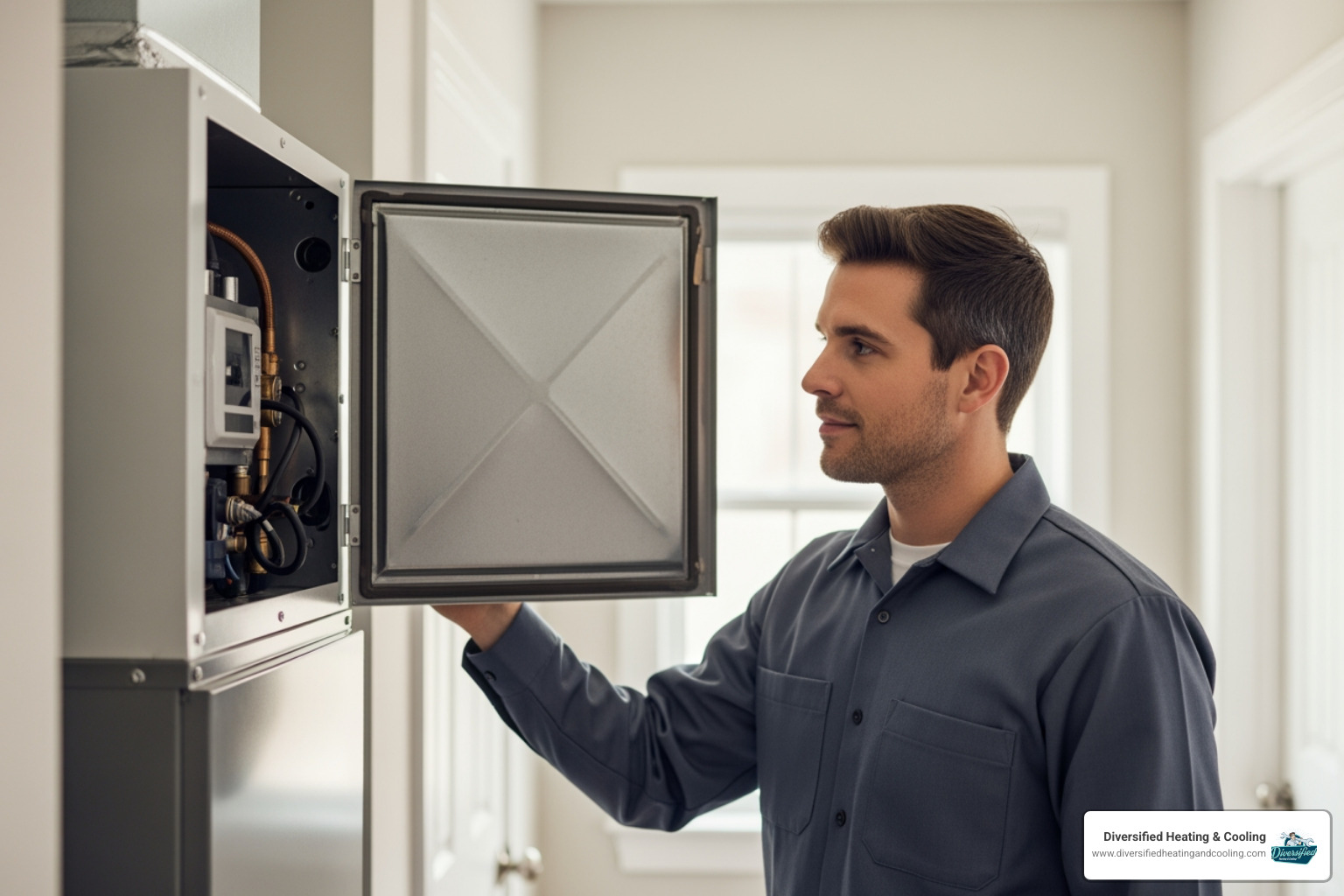 friendly, professional technician inspecting an indoor air handler - affordable heat pump repair in big bear city ca