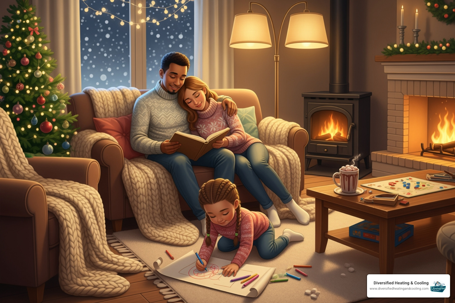 family enjoying a comfortable living room, warm in winter - affordable heat pump repair in big bear city ca