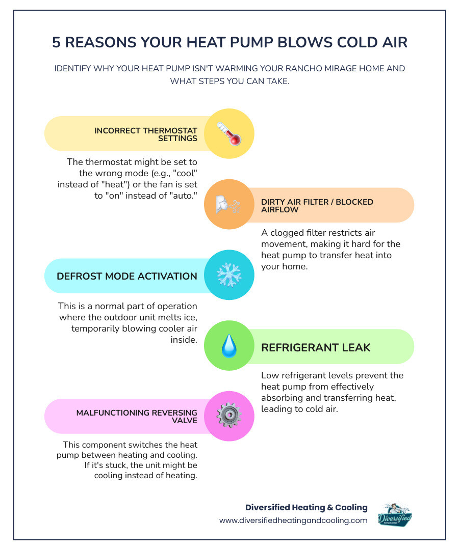 Infographic detailing 5 common reasons a heat pump blows cold air and initial troubleshooting steps. - heat pump blowing cold air in rancho mirage ca infographic infographic-line-5-steps-colors
