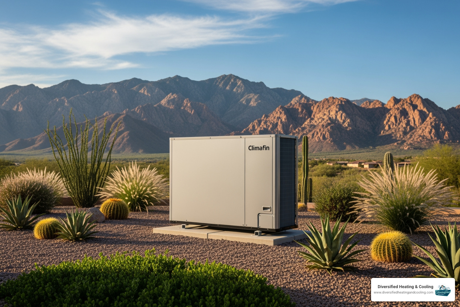 A clean, modern heat pump outdoor unit sitting in a well-maintained desert landscape with mountains in the background. - heat pump blowing cold air in rancho mirage ca