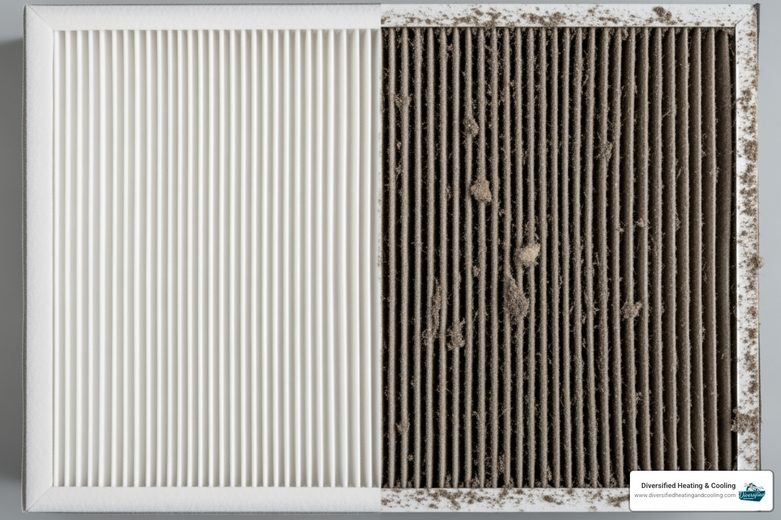 A split image showing a clean HVAC air filter on one side and a heavily dirty, clogged air filter on the other. - heat pump blowing cold air in rancho mirage ca