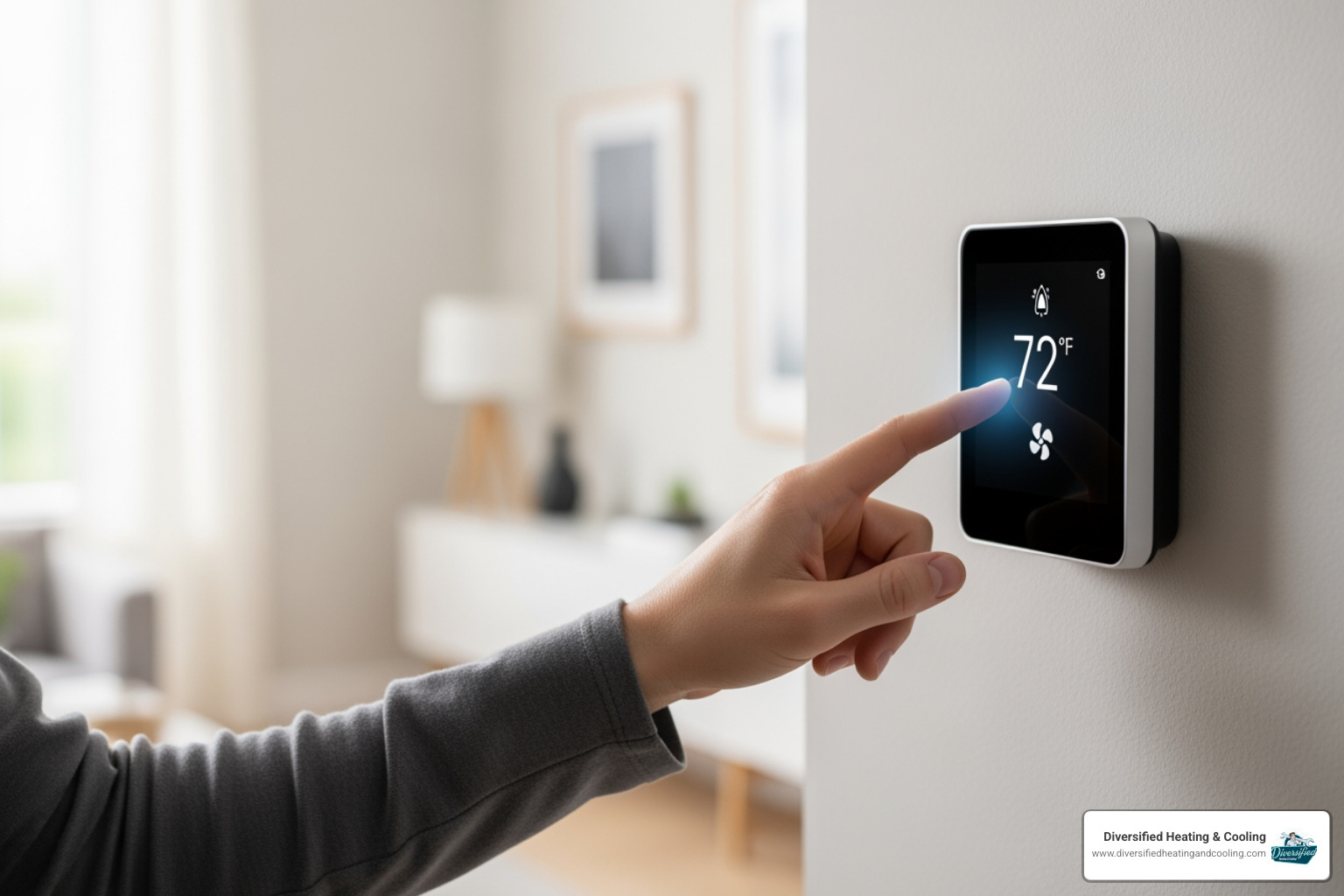 A homeowner adjusting their smart thermostat in a modern living room. - heat pump blowing cold air in rancho mirage ca