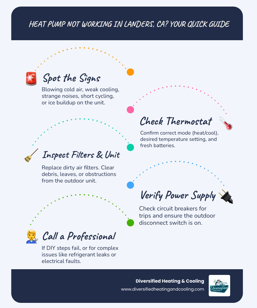 Infographic detailing common heat pump issues, troubleshooting steps, and when to call a professional for Landers, CA homeowners - heat pump not working in landers ca infographic infographic-line-5-steps-blues-accent_colors