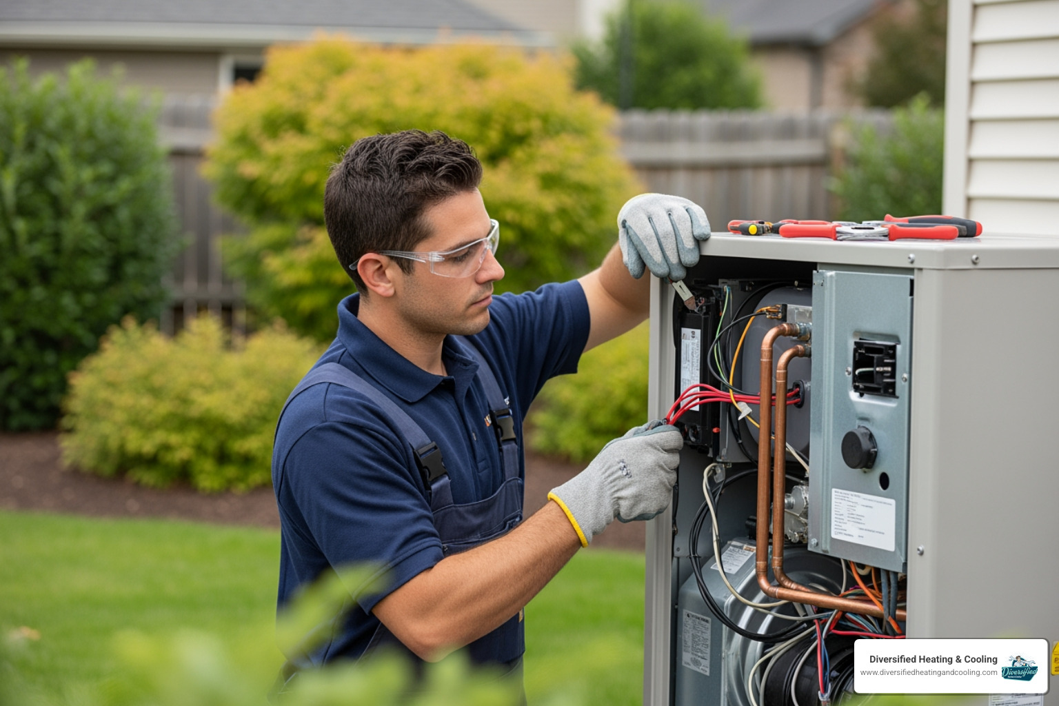 HVAC technician safely working on a heat pump's internal components - heat pump not working in landers ca