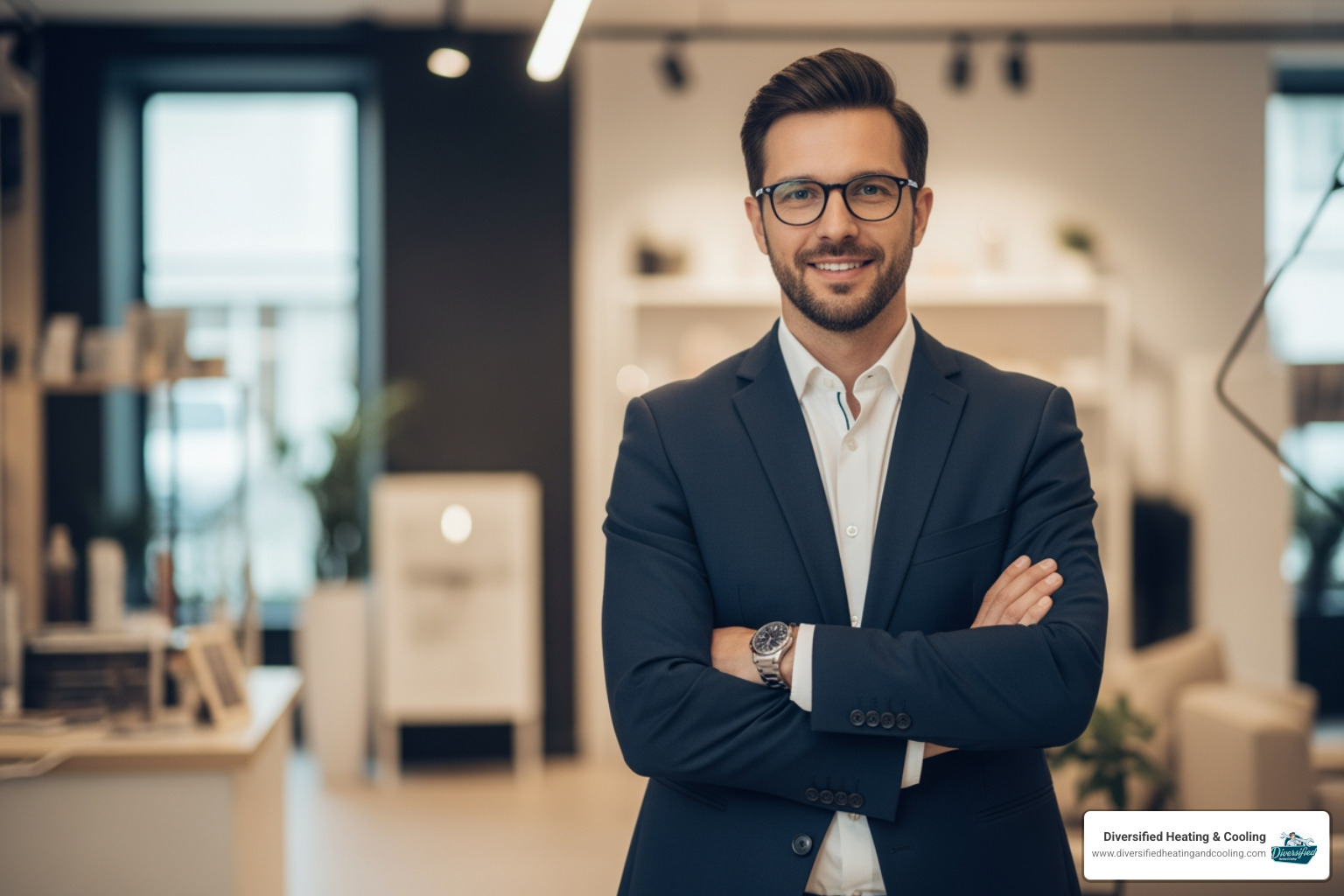 a confident business owner standing in a well-lit, comfortable commercial setting, symbolizing success and reliability - 24 hour commercial hvac service in rancho mirage ca