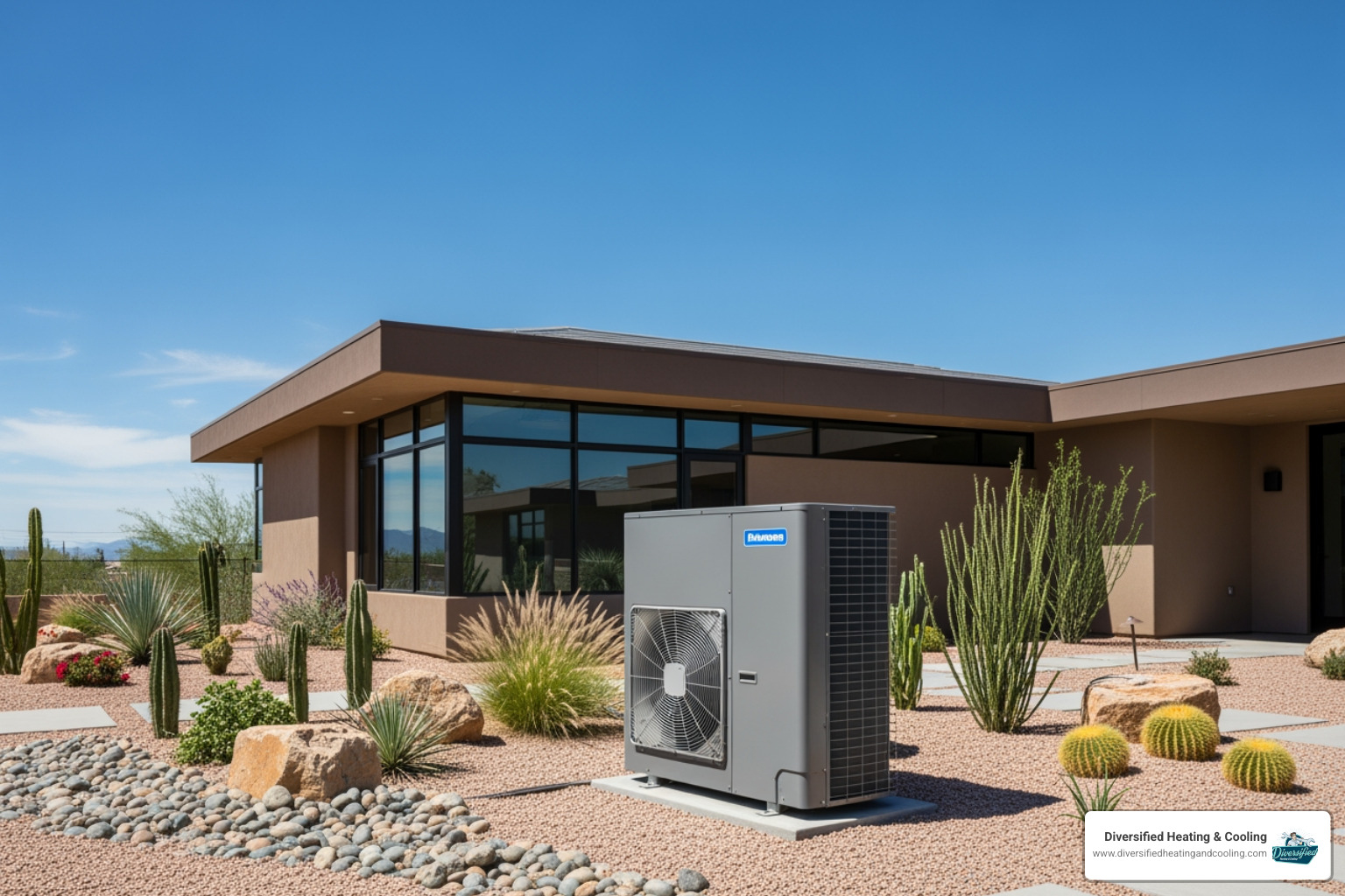 heat pump unit outside a desert-landscaped home - heat pump installation in la quinta ca