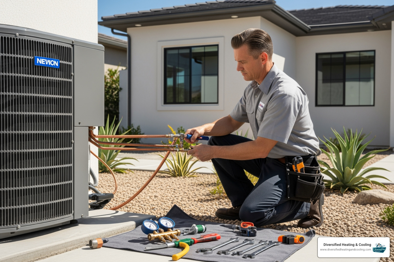 certified technician professionally installing a heat pump - heat pump installation in la quinta ca