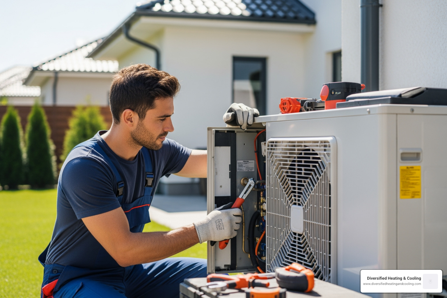 technician professionally servicing an outdoor heat pump unit - certified heat pump technician in thousand palms ca