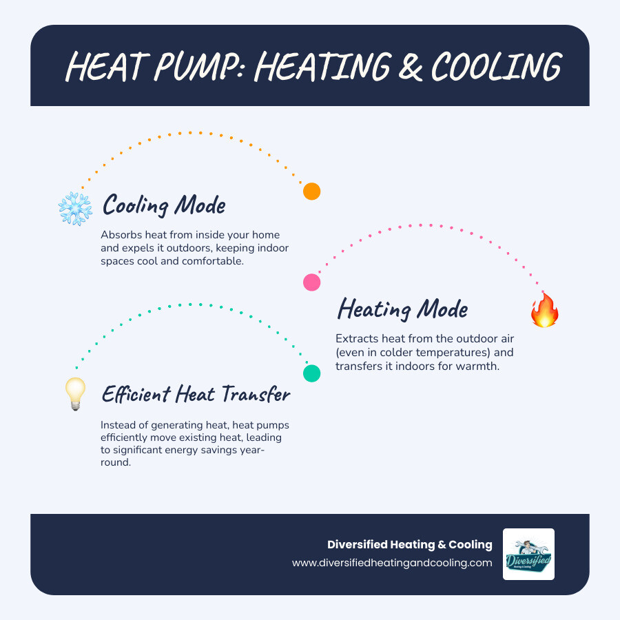 Infographic explaining how a heat pump provides both heating and cooling - certified heat pump technician in thousand palms ca infographic infographic-line-3-steps-blues-accent_colors