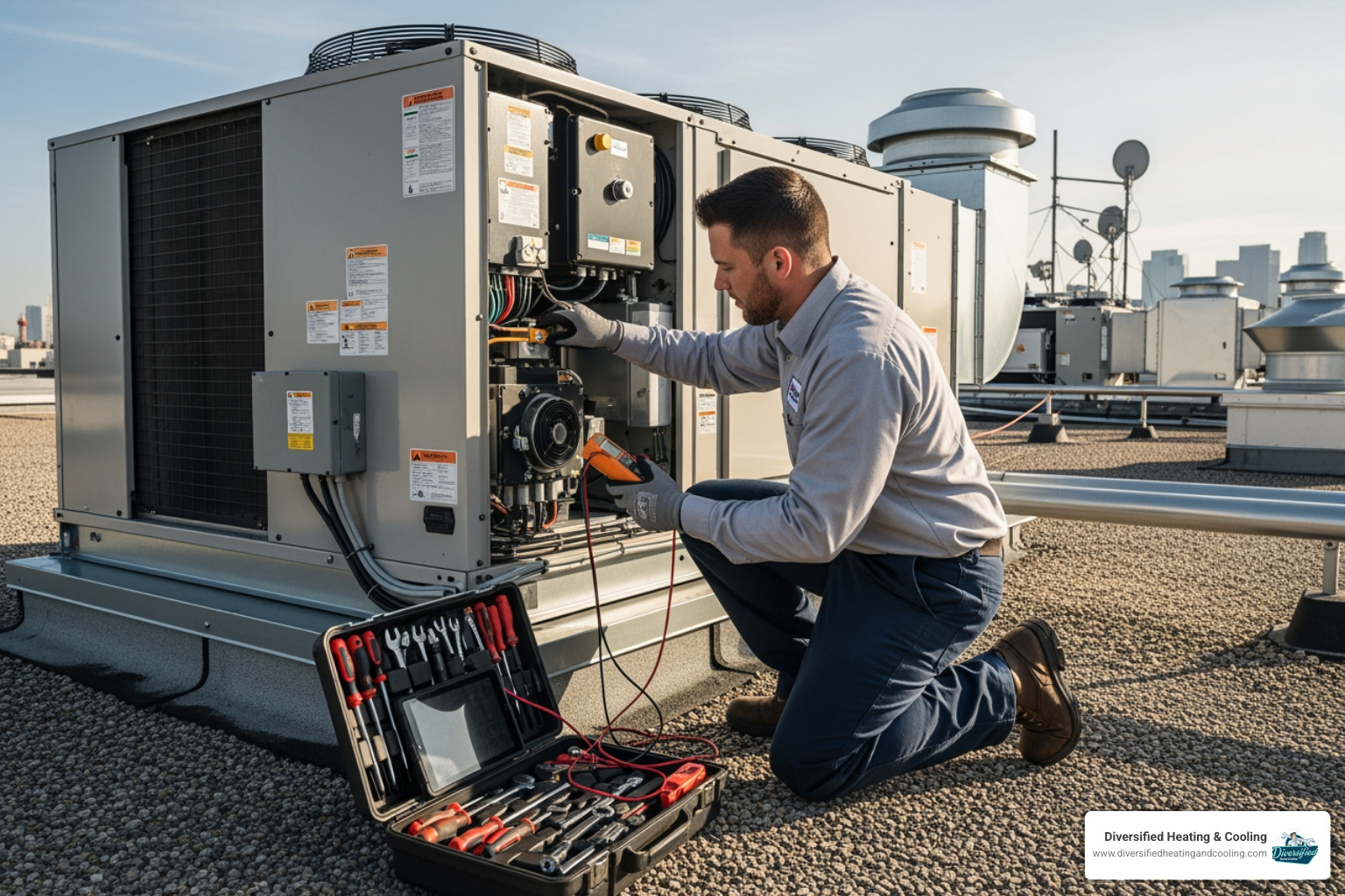HVAC technician performing maintenance on a rooftop unit - commercial hvac replacement in joshua tree ca