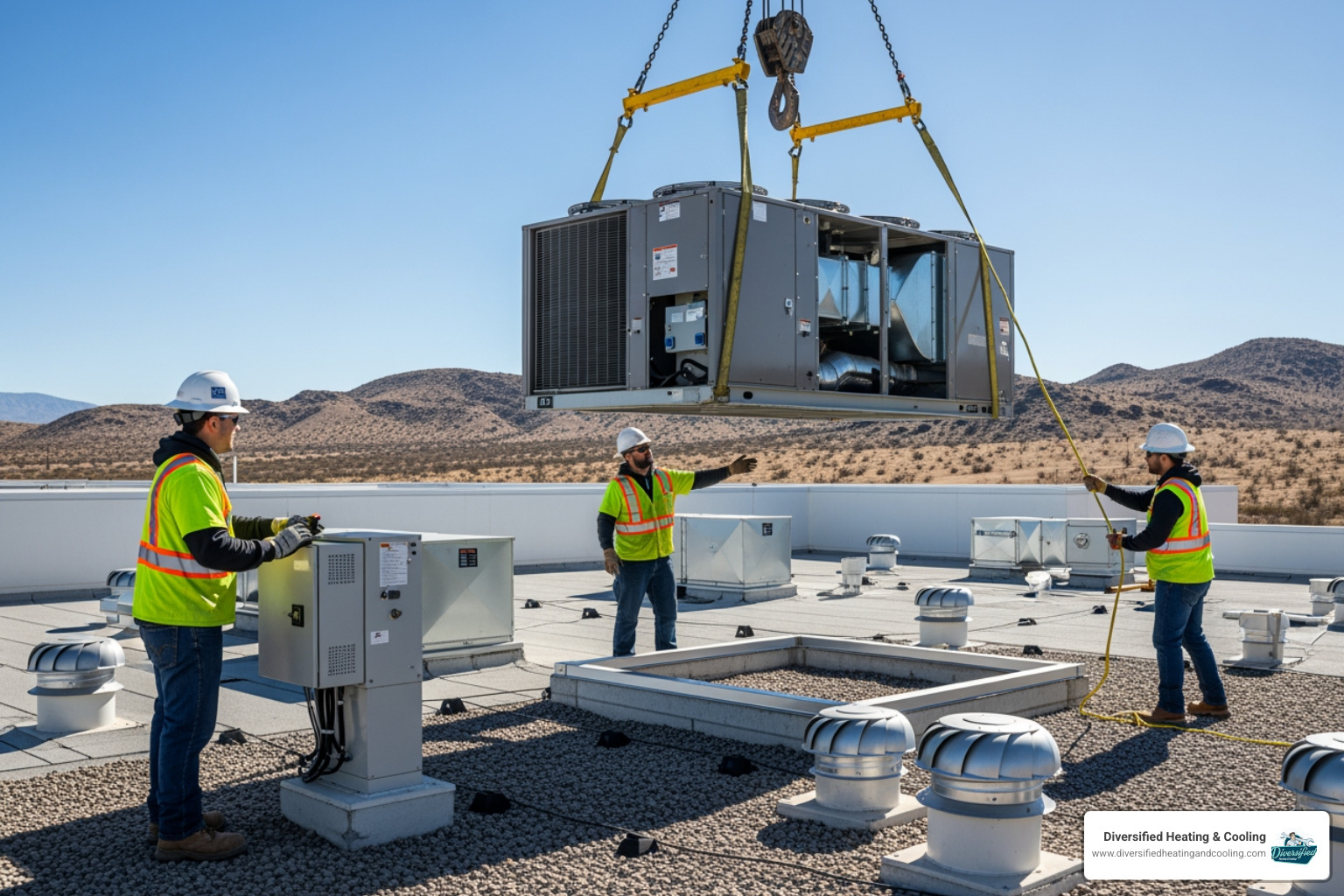 team of technicians safely installing a new rooftop HVAC unit - commercial hvac replacement in joshua tree ca