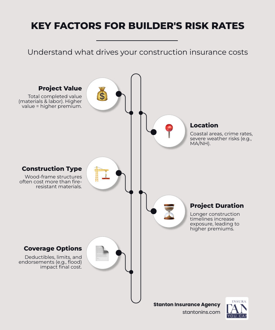 infographic showing builder's risk insurance rate factors: project value from $100k to $1M+ with corresponding premium ranges, location risk factors including coastal exposure and weather patterns, construction type comparing wood frame versus steel/concrete, and policy duration showing 3-month to 12-month terms - Builder risk insurance rates infographic infographic-line-5-steps-elegant_beige