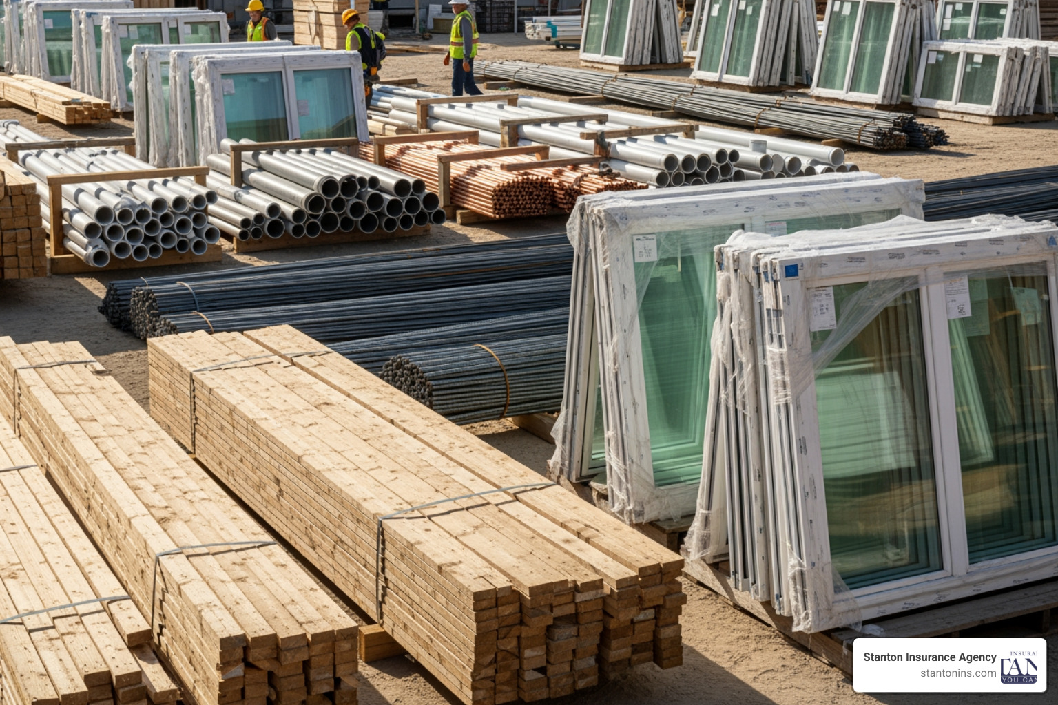 various construction materials like lumber, windows, and pipes neatly stacked at a job site - Builder risk insurance rates